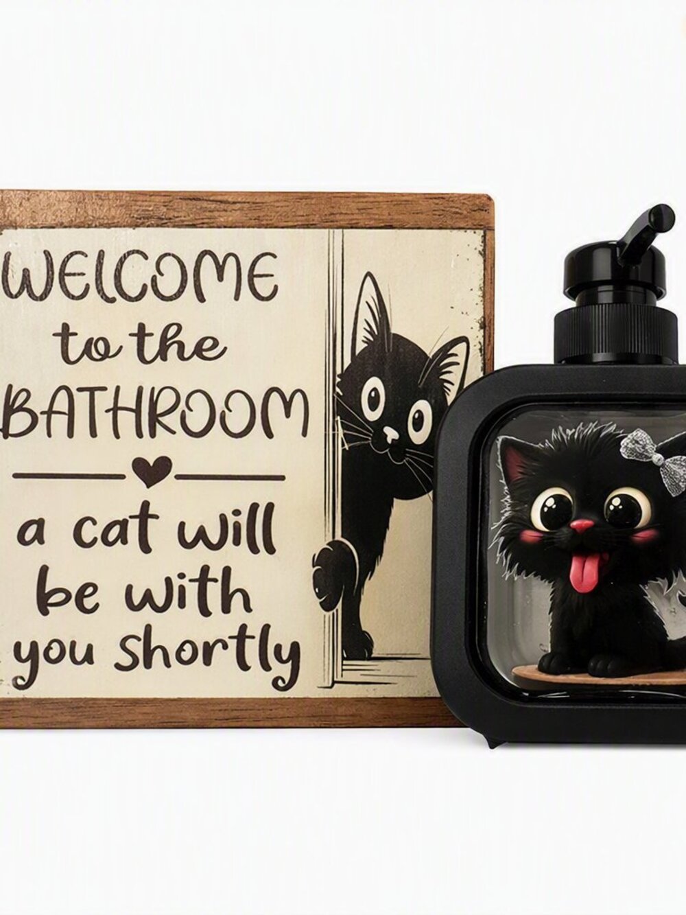 Cat Bathroom Décor Set – Sign + Soap Dispenser